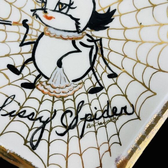RARE Vintage 1950s Signed Spider Plates Halloween Smokey Sissy Kitschy Gold Trim - Picture 4 of 12